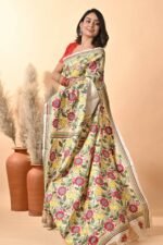 Off White Sunflower Pure Gachi Tussar Kantha Saree - Image 4