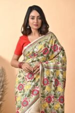 Off White Sunflower Pure Gachi Tussar Kantha Saree - Image 2