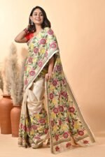 Off White Sunflower Pure Gachi Tussar Kantha Saree - Image 5
