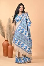 Off White Leaves Pure Gachi Tussar Kantha Saree - Image 4
