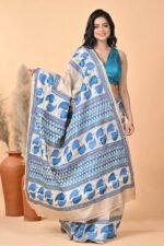 Off White Leaves Pure Gachi Tussar Kantha Saree - Image 5