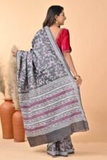 Black Floral Pure Gachi Tussar Kantha Saree - Image 3