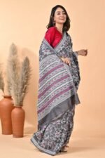 Black Floral Pure Gachi Tussar Kantha Saree - Image 4