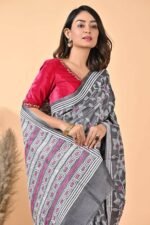 Black Floral Pure Gachi Tussar Kantha Saree - Image 2