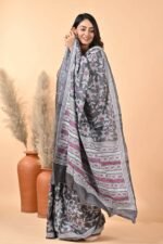 Black Floral Pure Gachi Tussar Kantha Saree - Image 5